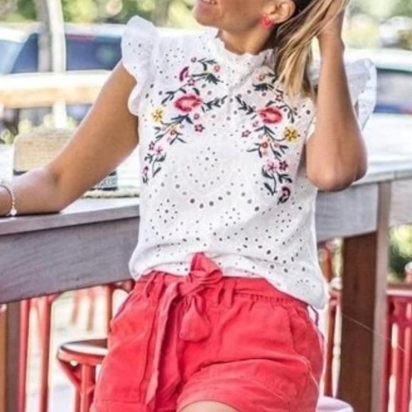 Ruffle Trim Embroidered Detail Schiffy Top - Picture 2 of 7